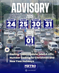 image of coding today update: mmda lifts number coding for christmas and new year holidays